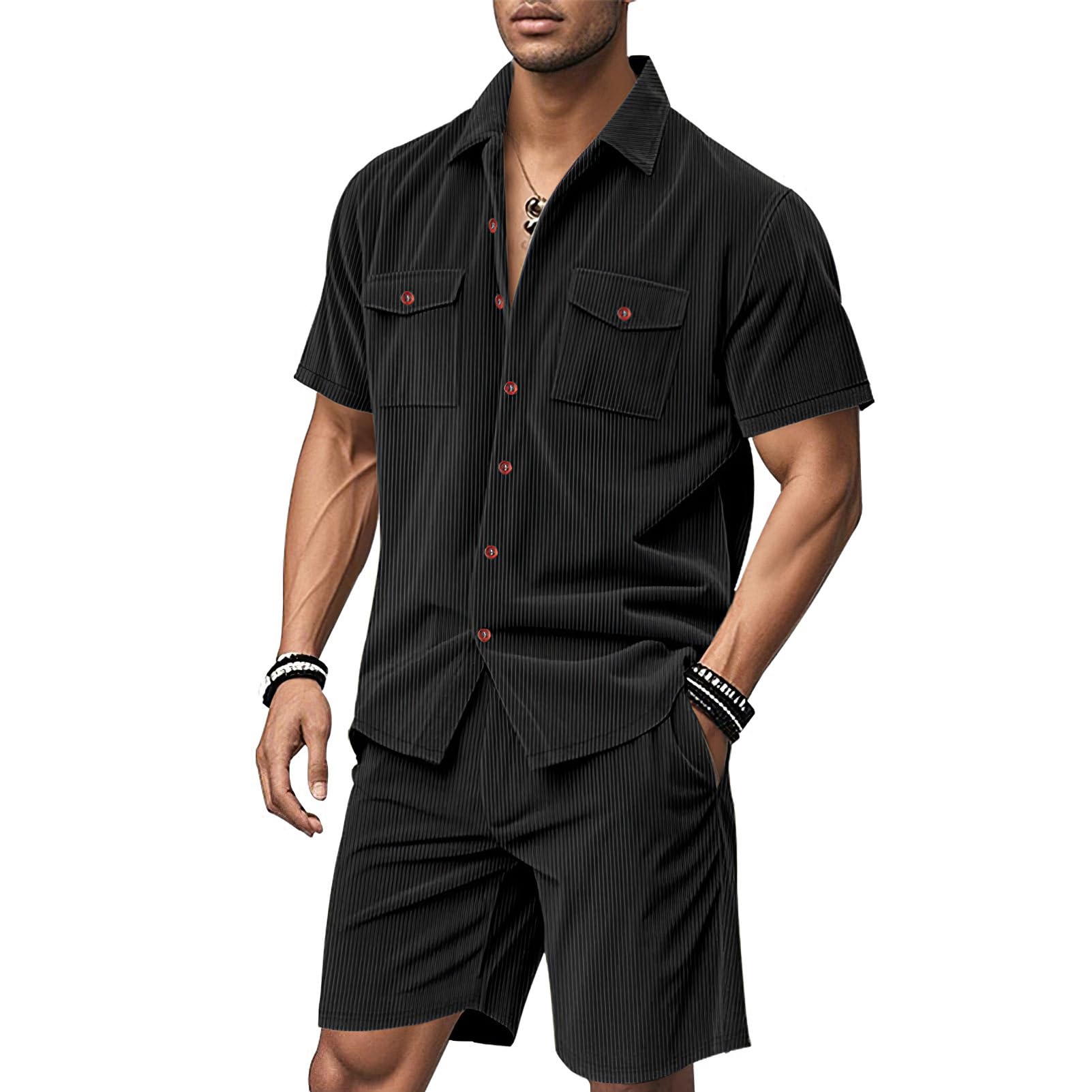 amropi Uomo Tuta Pantaloncini 2 Pezzi Corduroy Maniche Corte Camicia Bottone Estiva Sportiva Completo