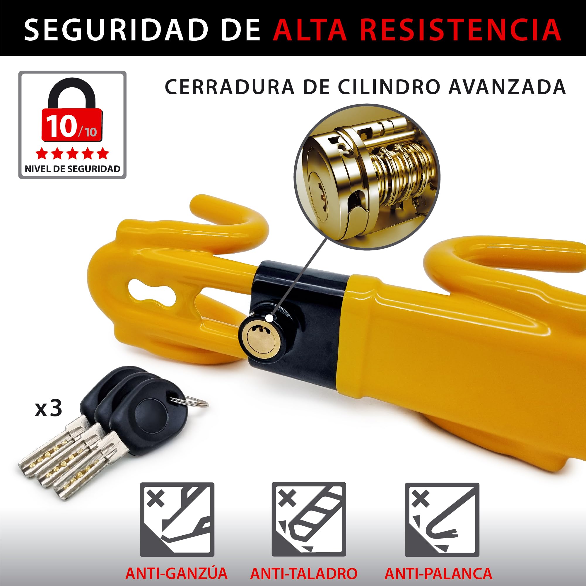 KRASER KR842Y Antirrobo Coche, Alta Seguridad, Bloqueo Volante de Doble Barra, Más Robusto y Disuasorio, Doble Gancho con Protección Antiarañazos, Cepo Coche Universal SUV Furgoneta Autocaravana