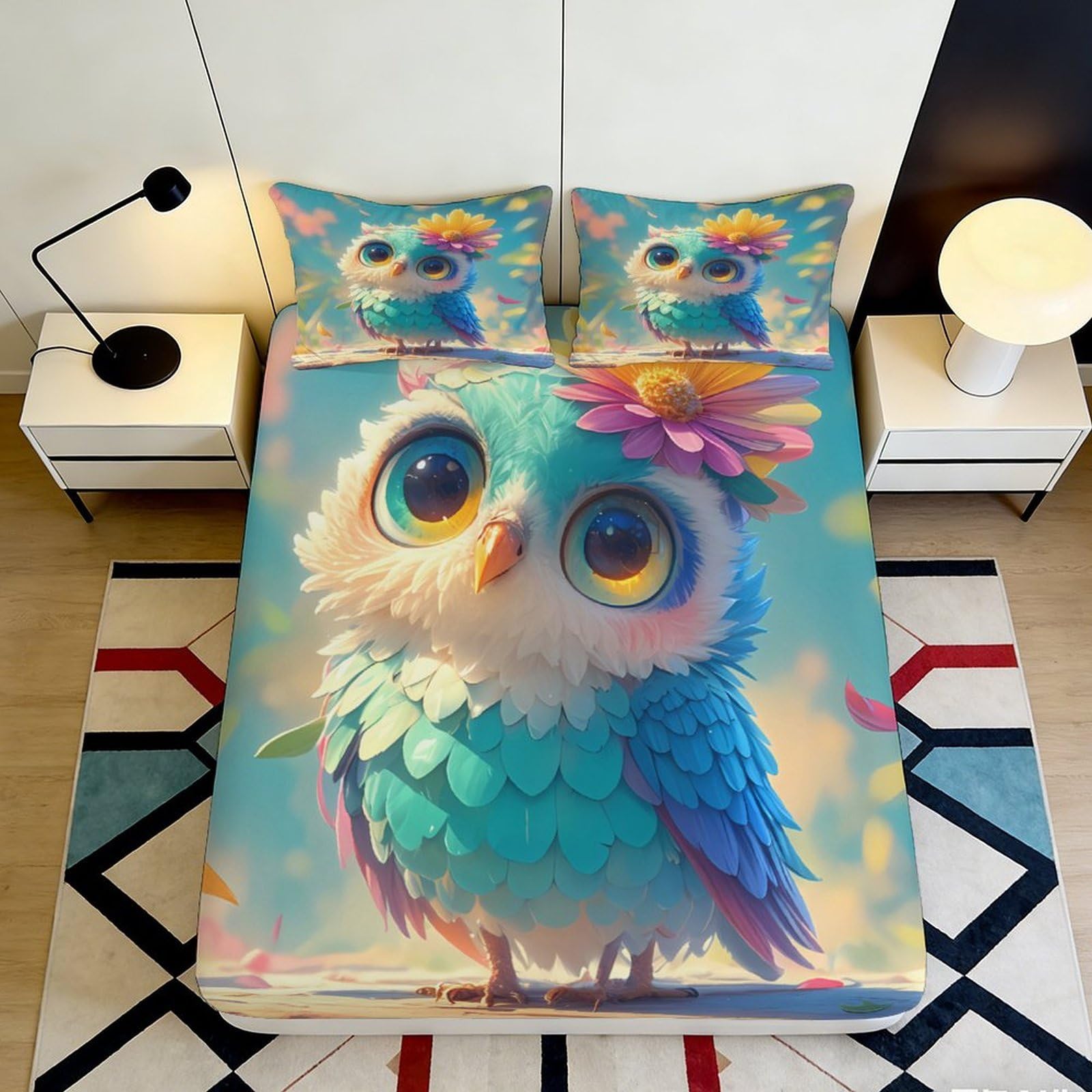 3D Printed Blue Cartoon Owl Fitted Sheet Microfiber Soft Bed Cover for Bedroom Dorm Mattress Protection Decor 90x200x25cm