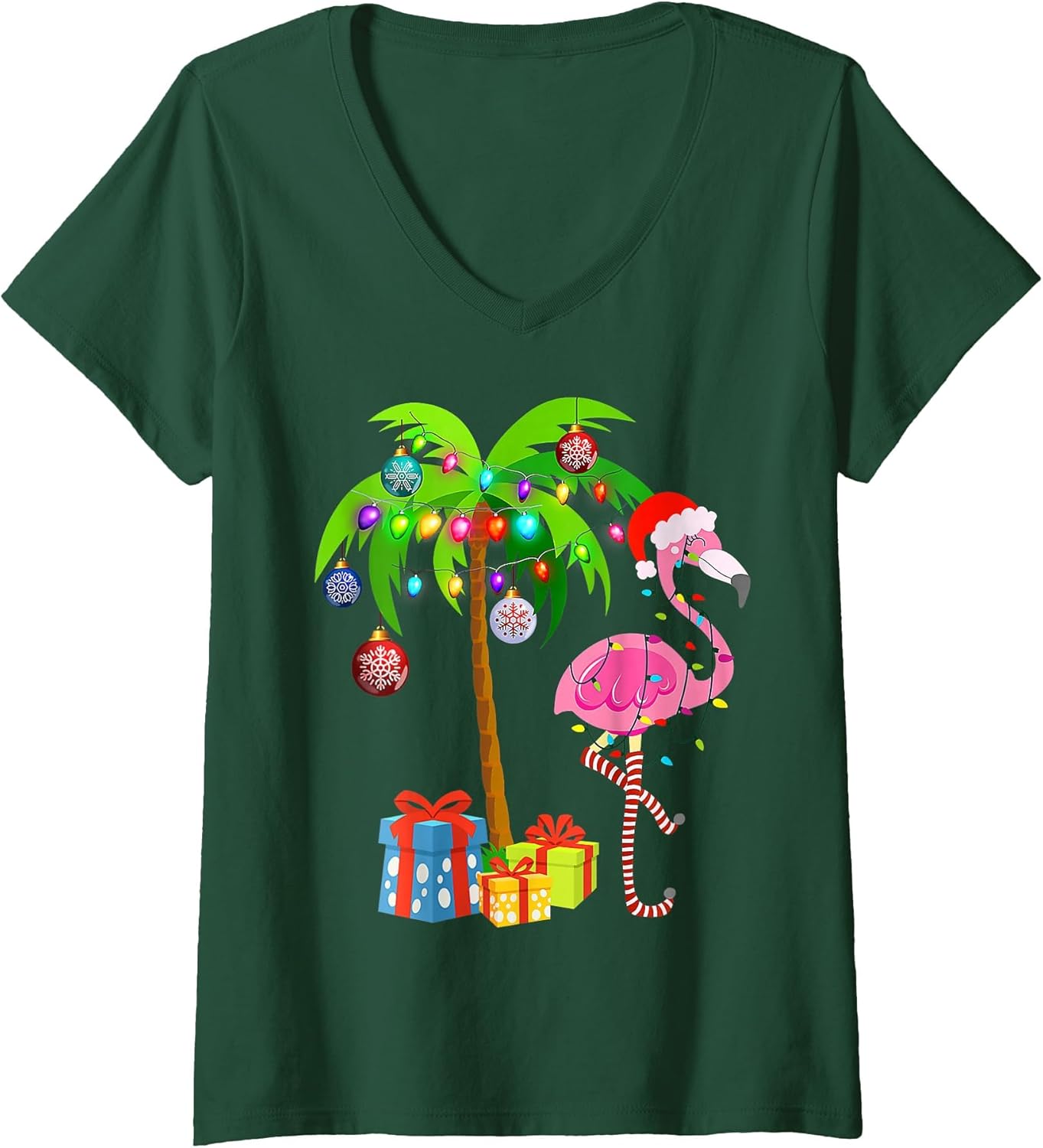 Women's Pink Flamingo Christmas Palm Tree Tropical Xmas Holiday V-Neck T-Shirt