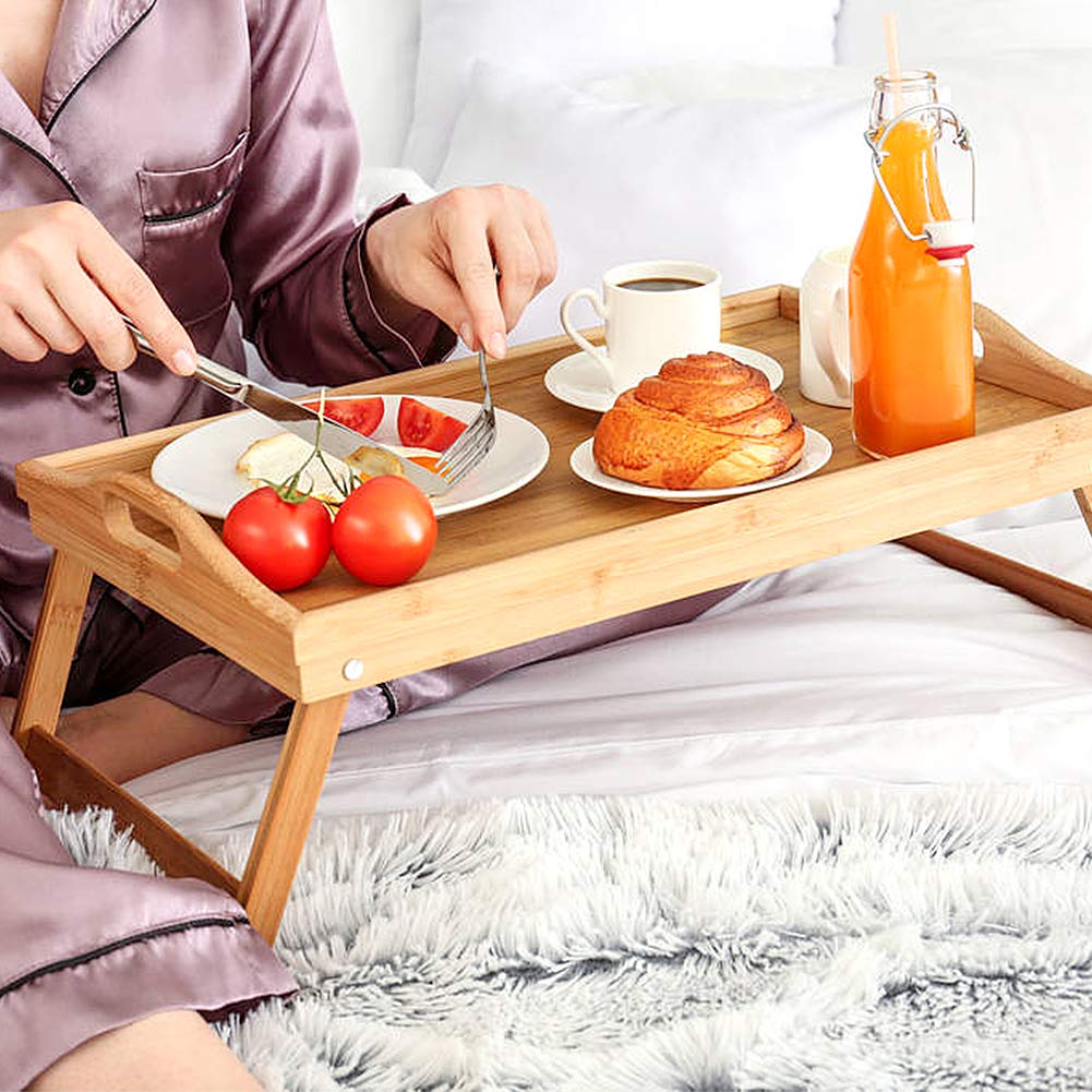 Plateau de lit pliable en bambou avec poignées, plateau de service portable pour petit déjeuner au lit ou ordinateur portable, idéal pour la maison et le bureau, 63 x 27,3 x 22,5 cm