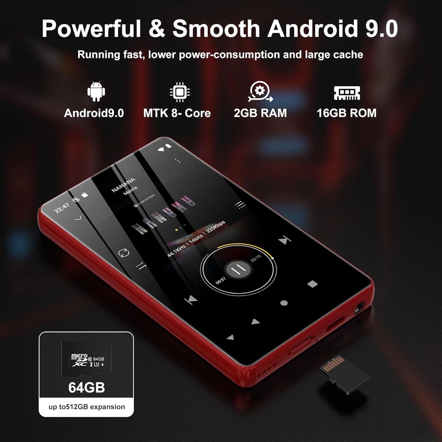 Reproductor MP3 SWOFY con Bluetooth y WiFi, Reproductor MP3/MP4 táctil de 4,0 Pulgadas portátil estéreo, Radio FM, grabadora, Libro electrónico y navegador (Negro) (Rojo)