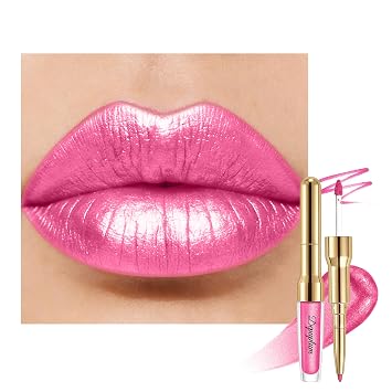 Pink Metallic Lipstick and Lip Liner Combo Glitter Lipsticks for Women | 2in1 Metallic Lip Gloss Shimmer Stain Waterproof Smudgeproof Long Lasting Lipsticks,GB22 Rose Lolita