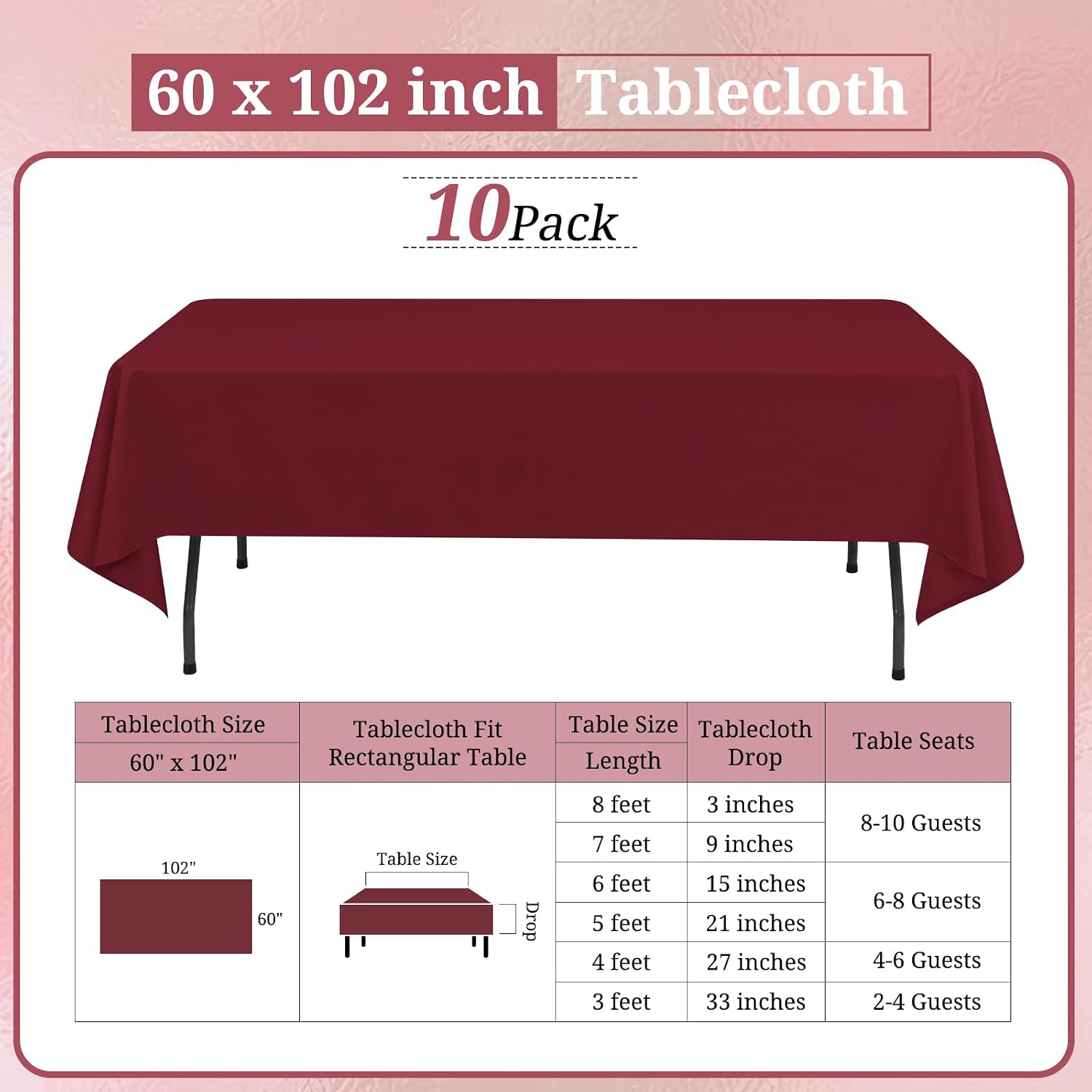 10 pack burgundy tablecloths for 6ft rectangle tables 60 x 102 inch - polyester table cover stain and wrinkle resistant washable fabric table clothes for wedding party banquet reception restaurant burgundy 10 pack 60 x 102 inch