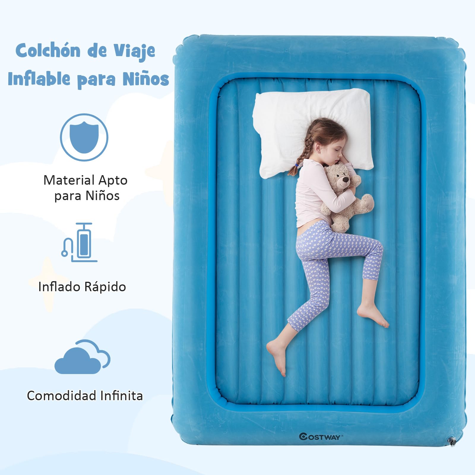 COSTWAY Colchón Inflable de Viaje para Niños, Colchón Portátil con Bomba Eléctrica, Cama Hinchable con Bordes Elevados y Colchón de Doble Cara para Habitación Infantil, Dormitorio (Celeste)
