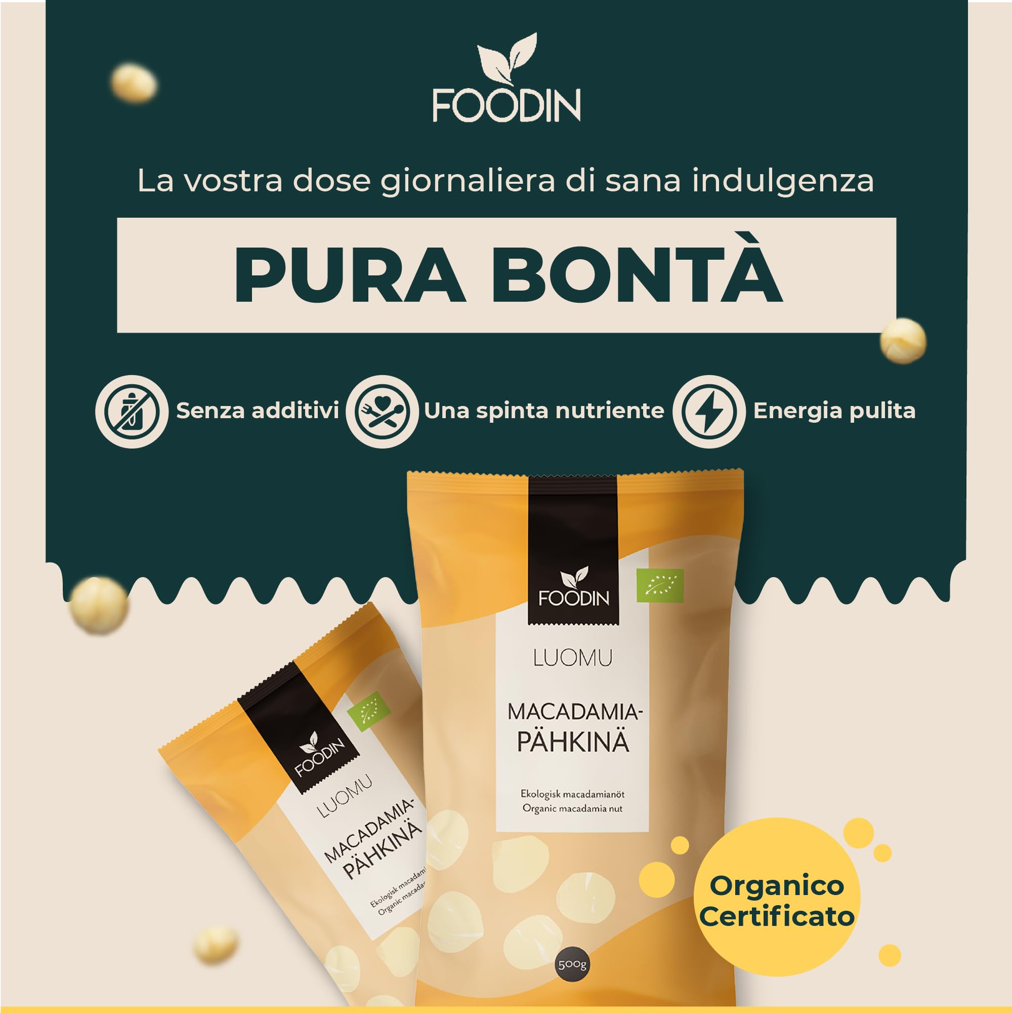 FOODIN Noci di Macadamia Biologiche 1kg – Frutta secca cruda e naturale, senza glutine e vegana. Ricche di grassi insaturi, ideali come snack o per ricette dolci e salate (2x500g)