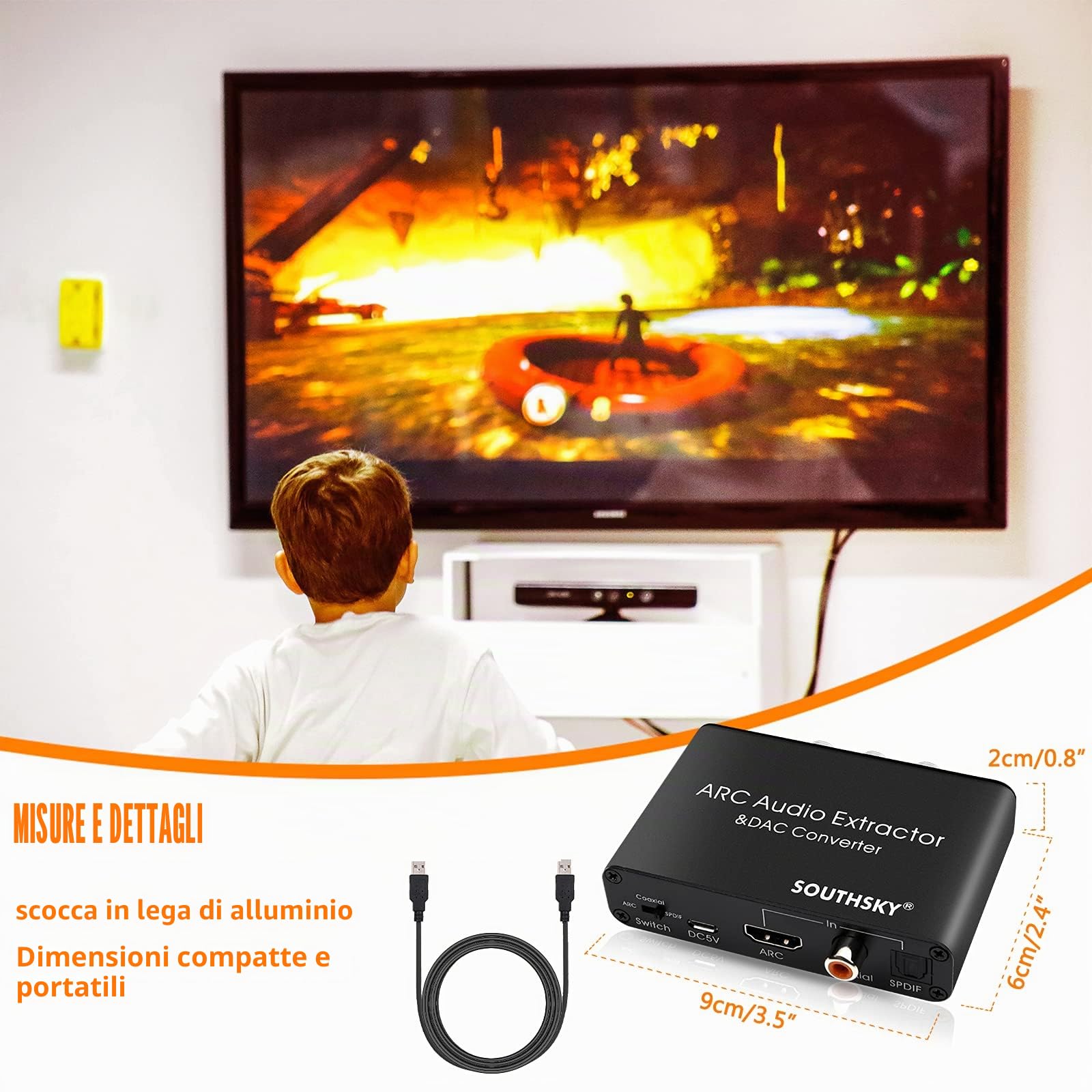 SOUTHSKY 192KHz DAC,Convertitore Audio Digitale a Analogico, L/R, Estrattore Audio HDMI ARC a SPDIF, Coassiale, 3,5 mm Stereo, L/R, Volume CEC Regolabile,Switch Ottico,Toslink,RCA