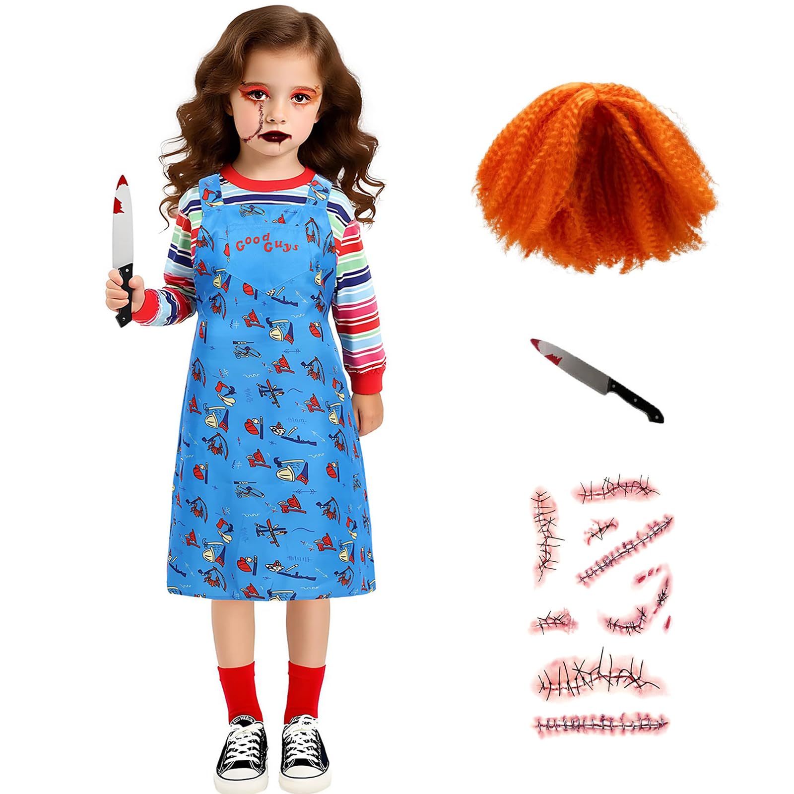 Makoike Kids Creepy Doll Costume Killer Outfit Wig Jumpsuit Stripe Tops Halloween Costume Carnival Cosplay Props