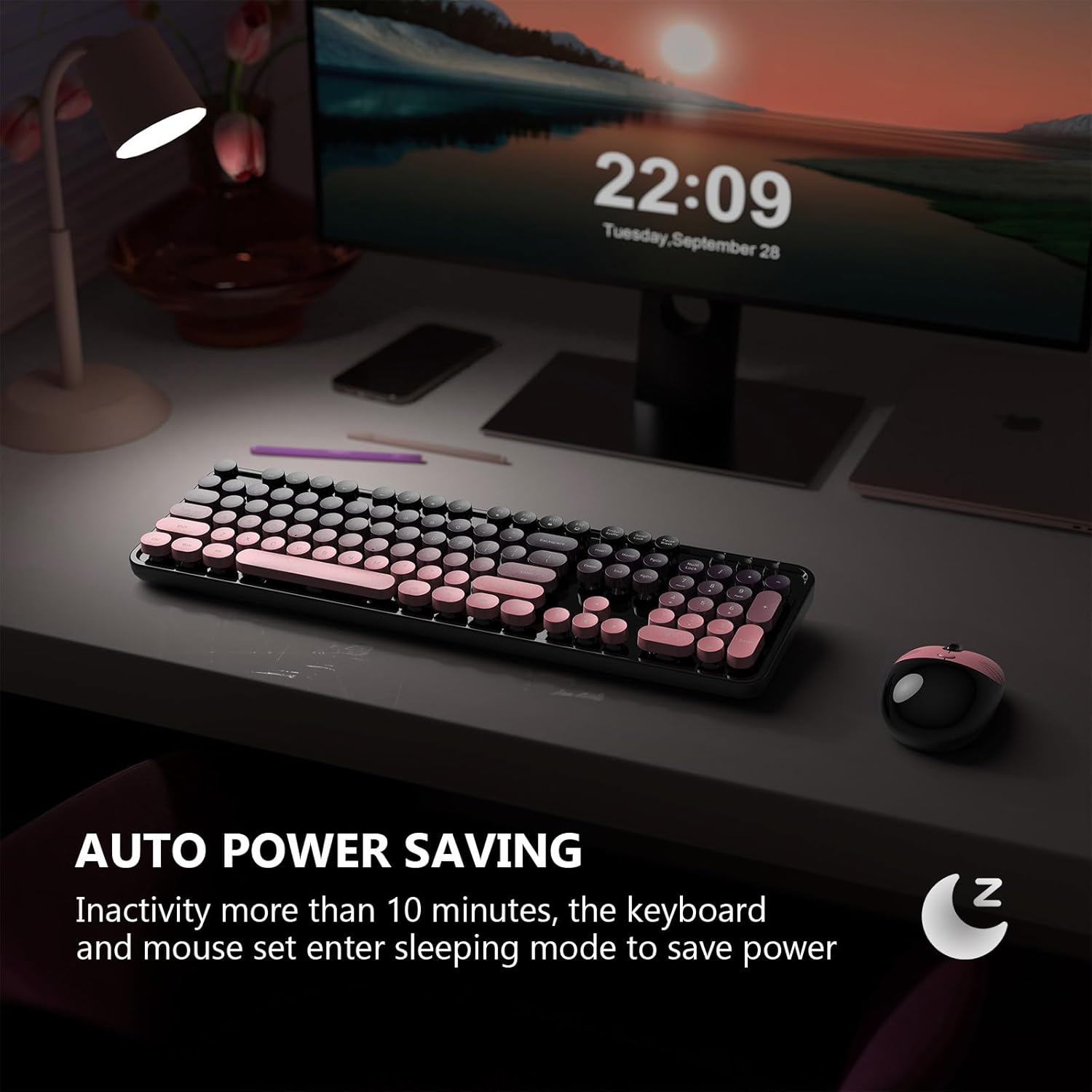 MOFII Wireless Keyboard and Mouse Combo, 2.4 GHz Full-Size Retro Round Keyboard and Mouse, Plug and Play, 8 Multimedia & Shortcut Keys for Mac, Windows, Laptop/Desktop/PC - Pink Gradient