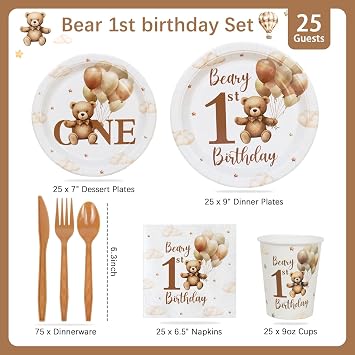Beary First 1st Birthday Decorations Boy Plates Set, 175pcs Teddy Bear One Year Birthday Decorations Plates Napkins Cups Cutlery Set for 25 Guests