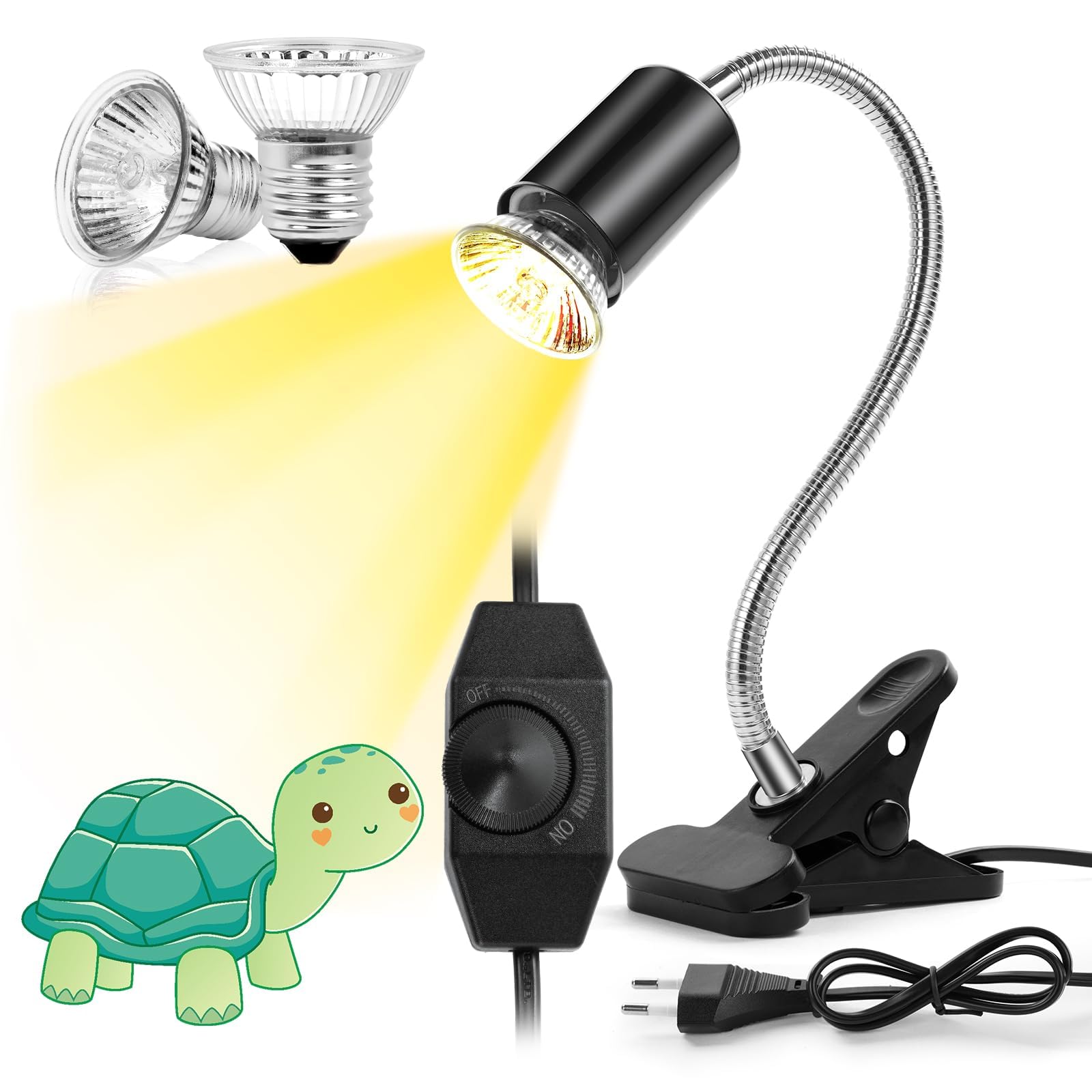 Lampada Tartarughe con 1 Portalampada E27 e 2 50W Lampadine UVA UVB a Punto Basking e Morsetto Girevole a 360° per Rettili, Tartaruga, Serpente, Lucertola, Camaleonte