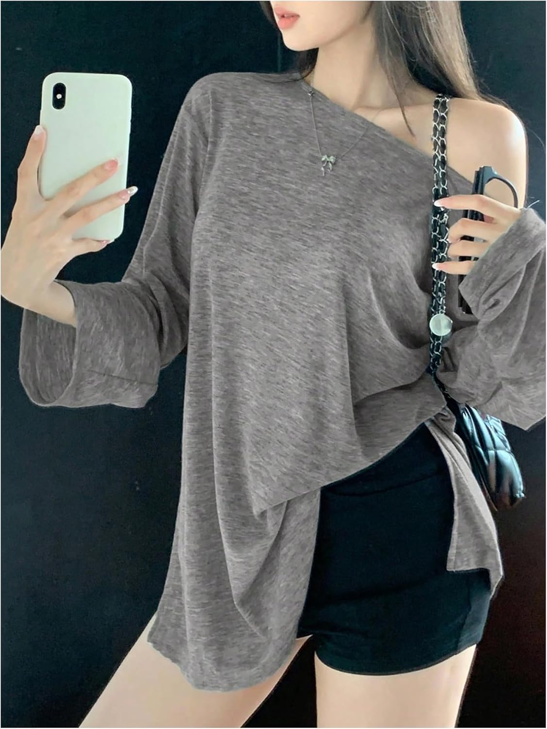 SweatyRocks Women's Oversized Off The Shoulder Tops Long Sleeve Summer Casual Split T Shirts - Image 3