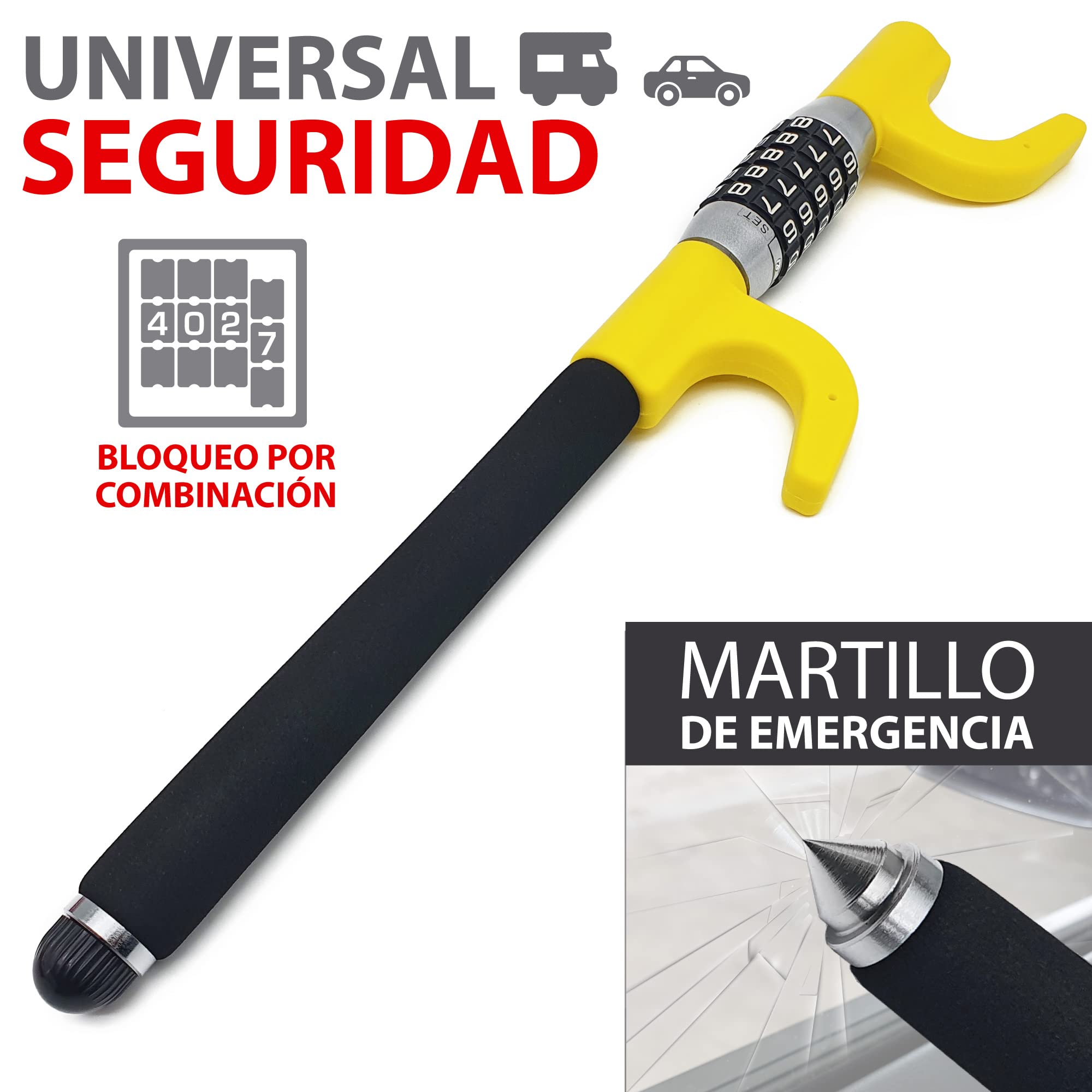 KRASER KR940B Antirrobo Coche Volante, Código Combinación, Reforzado Alta Seguridad, Visible Disuasorio, Doble Cierre Ajustable, Martillo Emergencia, Barra Universal Auto SUV Furgoneta Camión Caravana