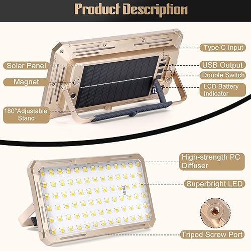 Miniatura 4 de Luz de trabajo solar recargable con banco de energía e indicador de batería, luz de inundación portátil de 178 LED con base magnética, 4 modos IP44