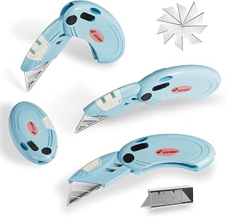 4 Pack Folding Utility Knife with 10 Extra Blades,Box Cutter with Button Lock Mechanism,Small Pocket Knife for Home,Office and Warehouse,Blue.
