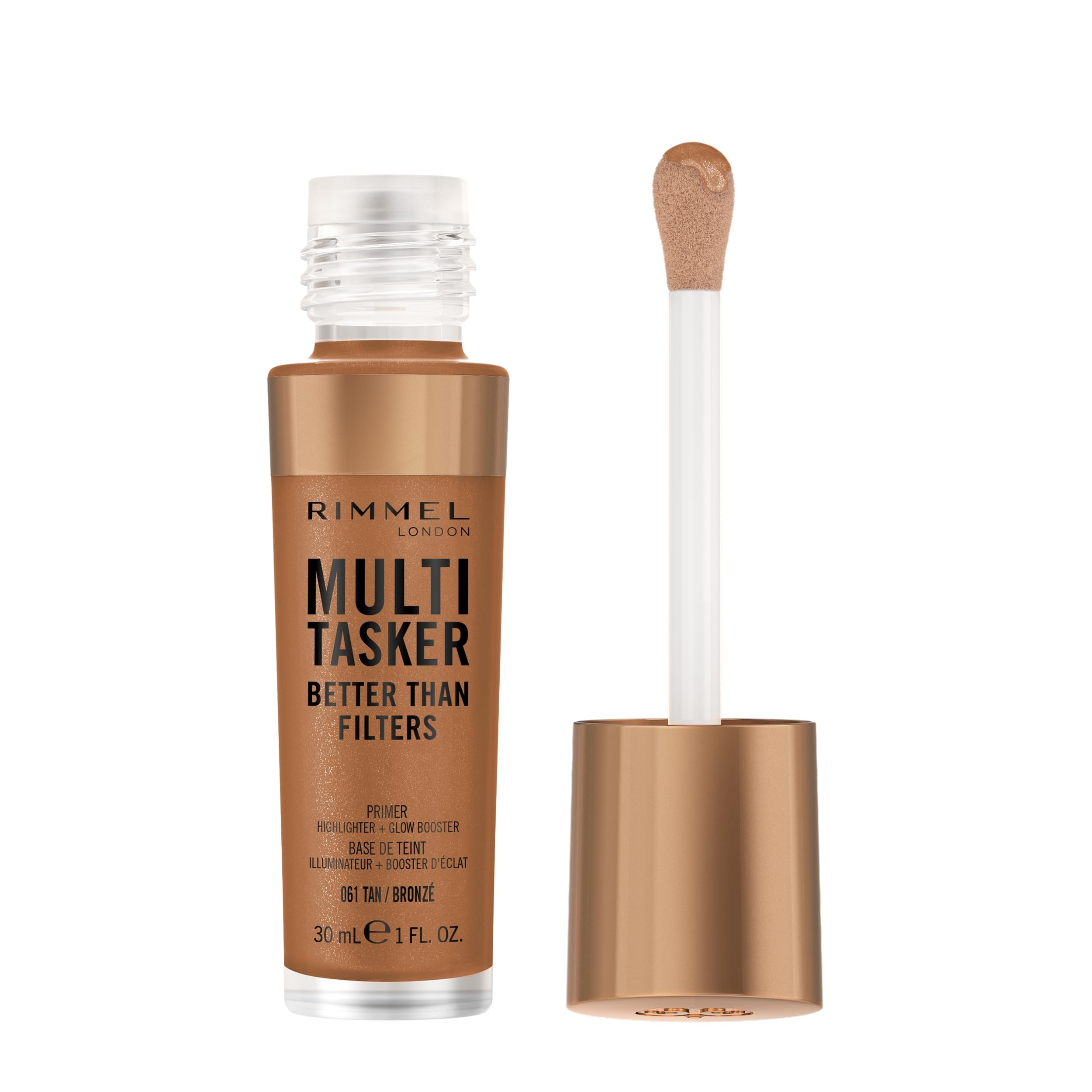 Rimmel Multi Tasker Better Than Filters, 061 Tan, 3 in 1 Face Primer, Glow Booster and Highlighter, Flawless Finish, Infused with Vitamin C and E, Maxi Soft Applicator, Vegan, 30ml