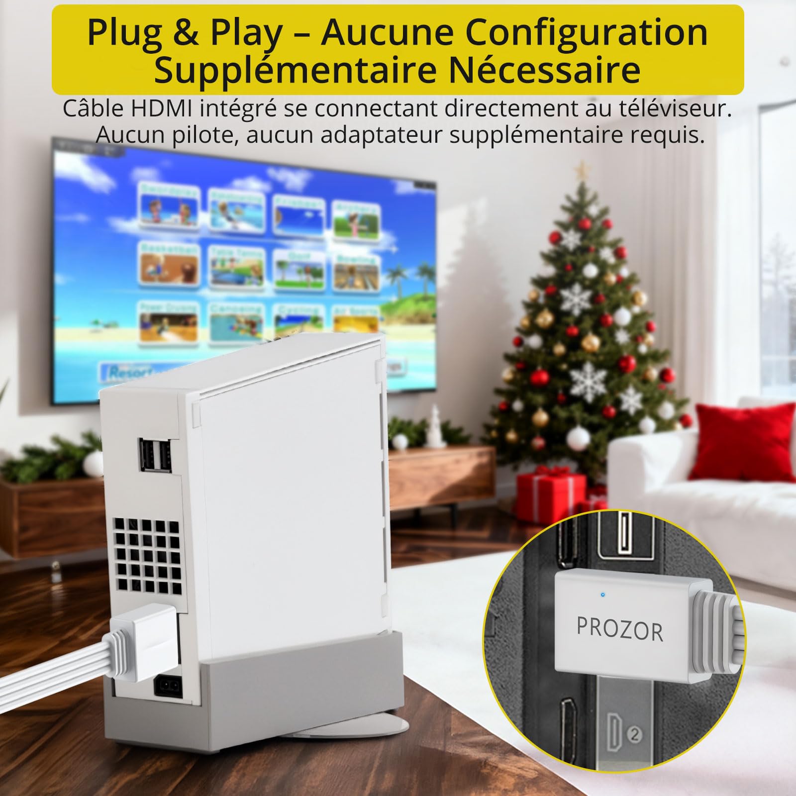 PROZOR Adaptateur Wii vers HDMI 1080P Câble HDMI Intégré 1.2m Conversion Vidéo et Audio pour Console Wii et Wii U Plug-and-Play