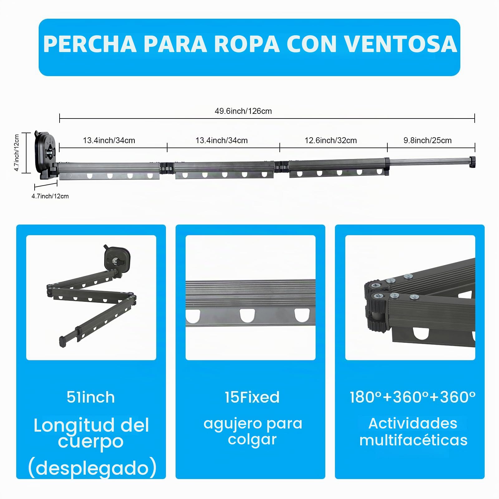 Tefola Tendedero de pared para montaje en la pared, 3 veces plegable, Barra de ropa extensible con ventosa, Tendedero que ahorra espacio, para balcón, ropa, baño, terraza, apartamento, autocaravana