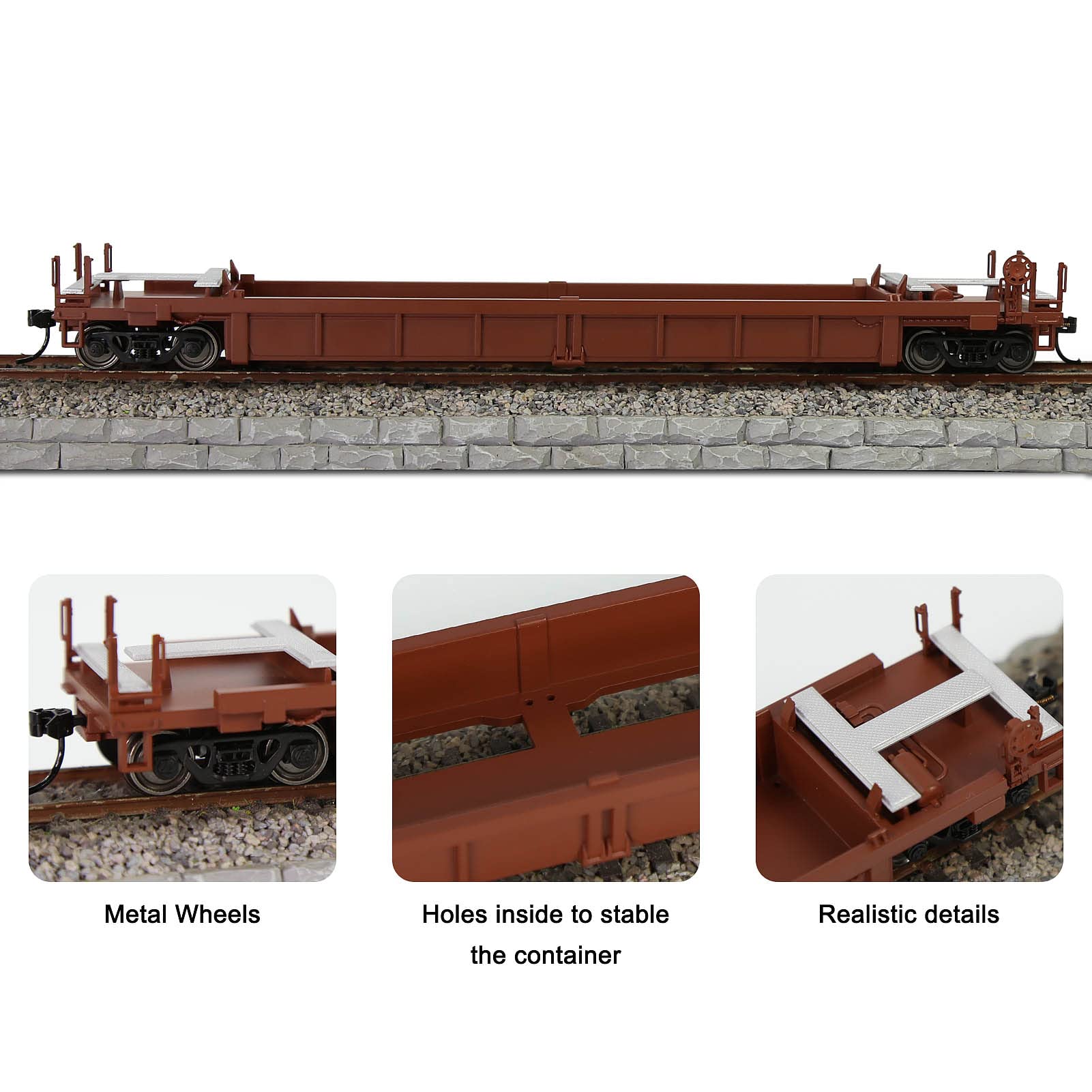 Evemodel C8749 HO Scale 40ft Well Car 1:87 Concave Bottom 40' Flat Car Wagon (3pcs - Brown)