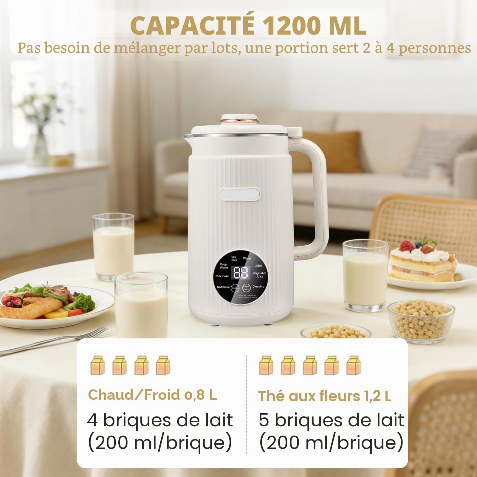 Machine à lait de noix, 1200 ml Machine automatique à lait de soja avec autonettoyage, préparateur de lait végétal 8-en-1 avec minuteur, machine à lait de noix pour lait d'avoine, lait d'amande, lait