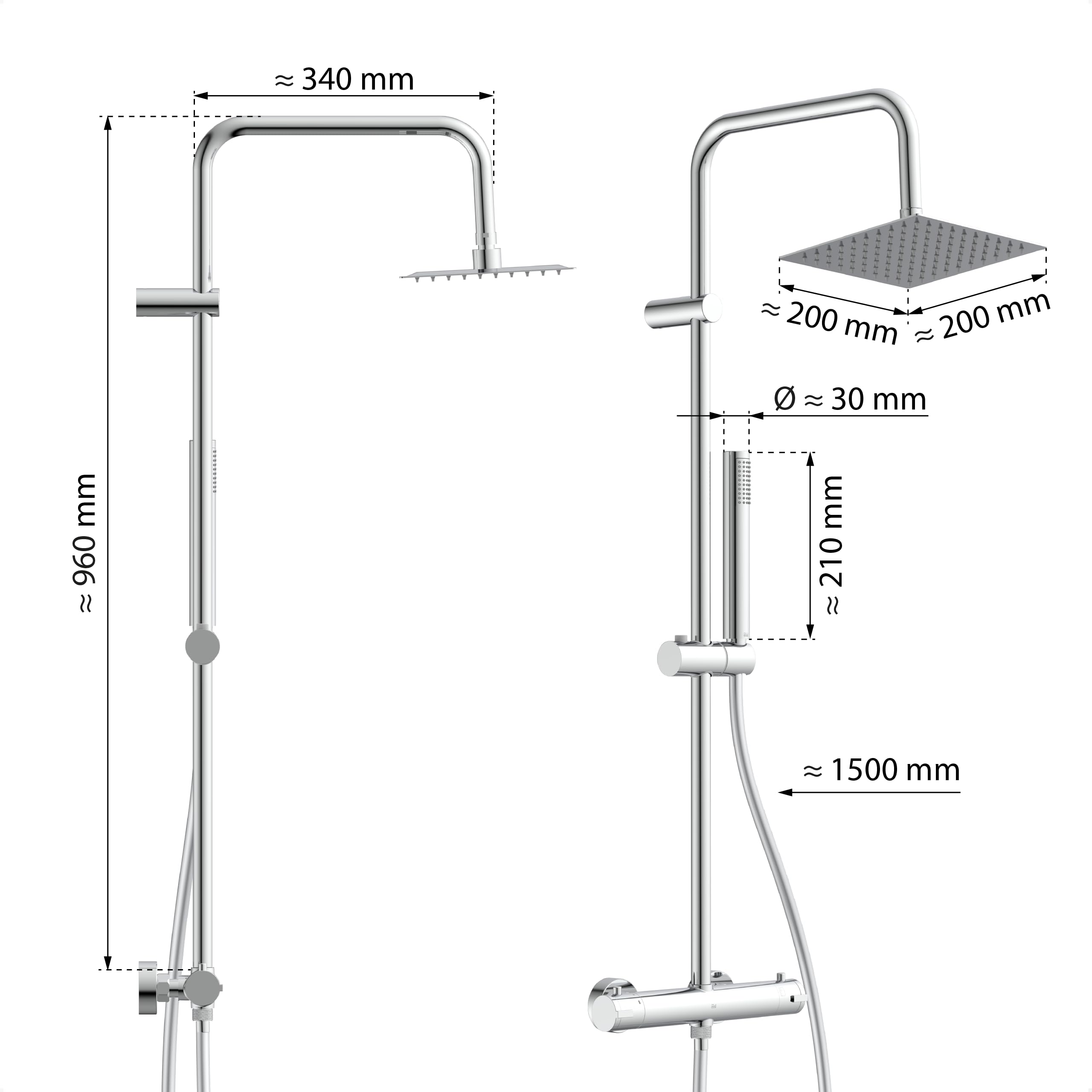 EISL ShowerStar Mitigeur Douche Thermostatique 2 en 1, Effet Pluie 20x20 cm