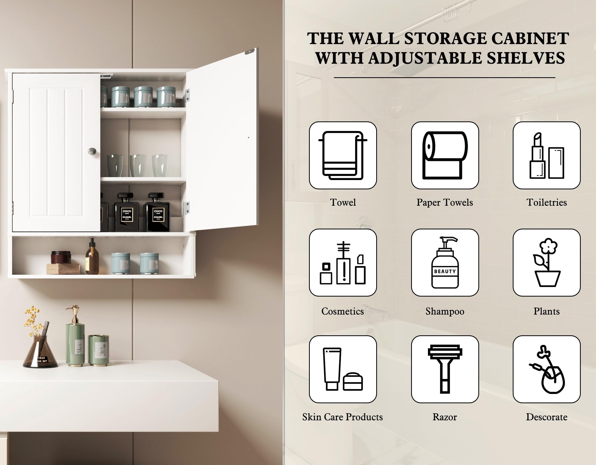 Botiquines de pared para baño con 2 puertas y estante abierto, armario de almacenamiento para inodoro, sala de estar, cocina, lavandería, color blanco