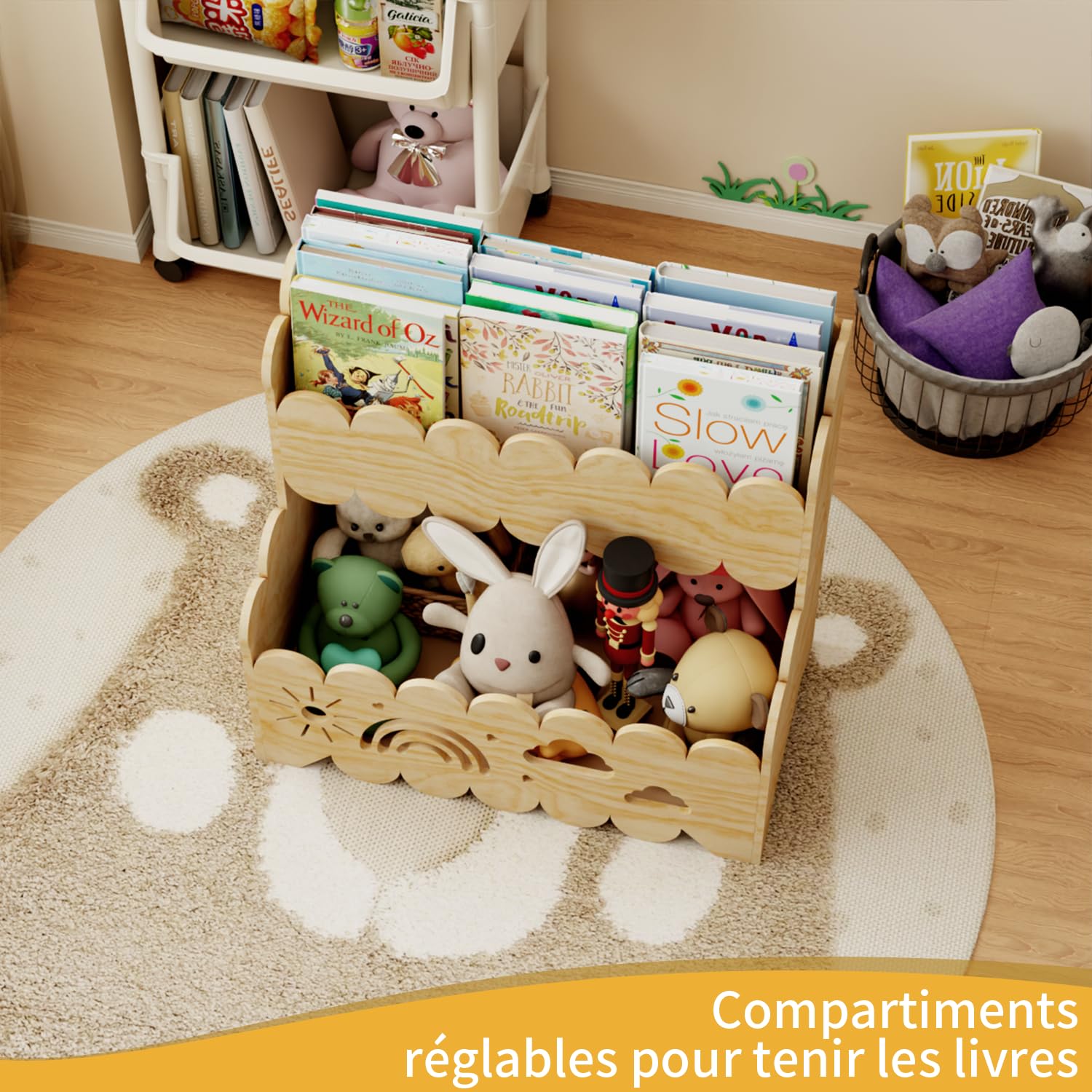 Étagère en Bois pour Enfants, étagère Montessori à 2 Niveaux, idéale pour Les Chambres d'enfants, Les crèches et Les salles de Classe, étagères de Rangement pour Livres et Jouets