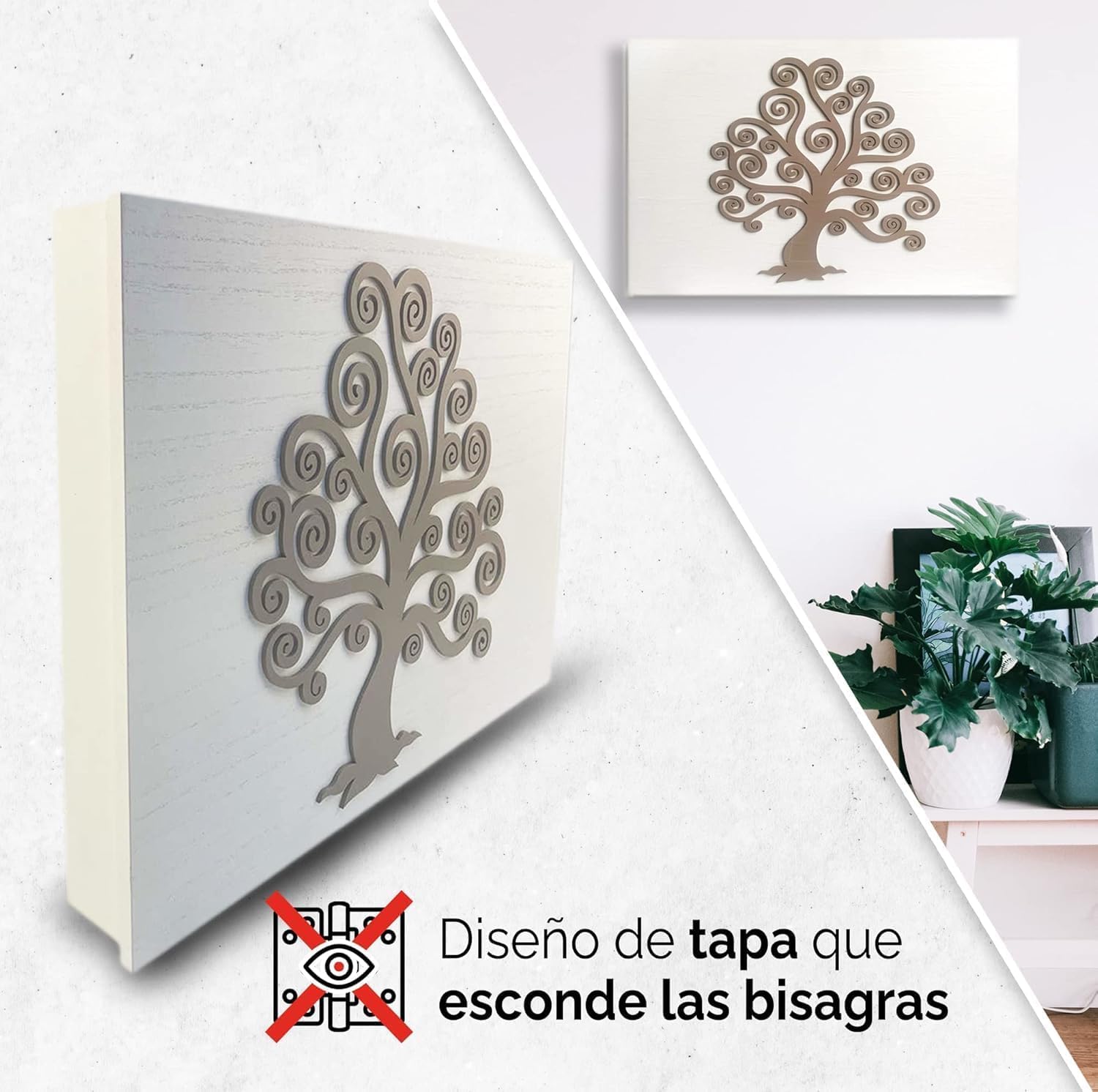 Tapa Cuadro Electrico de Madera / Cubre Contador de Luz de Pared / Tapa Registro Electrico de Diseño Arbol De La Vida con Colgador de Llaves