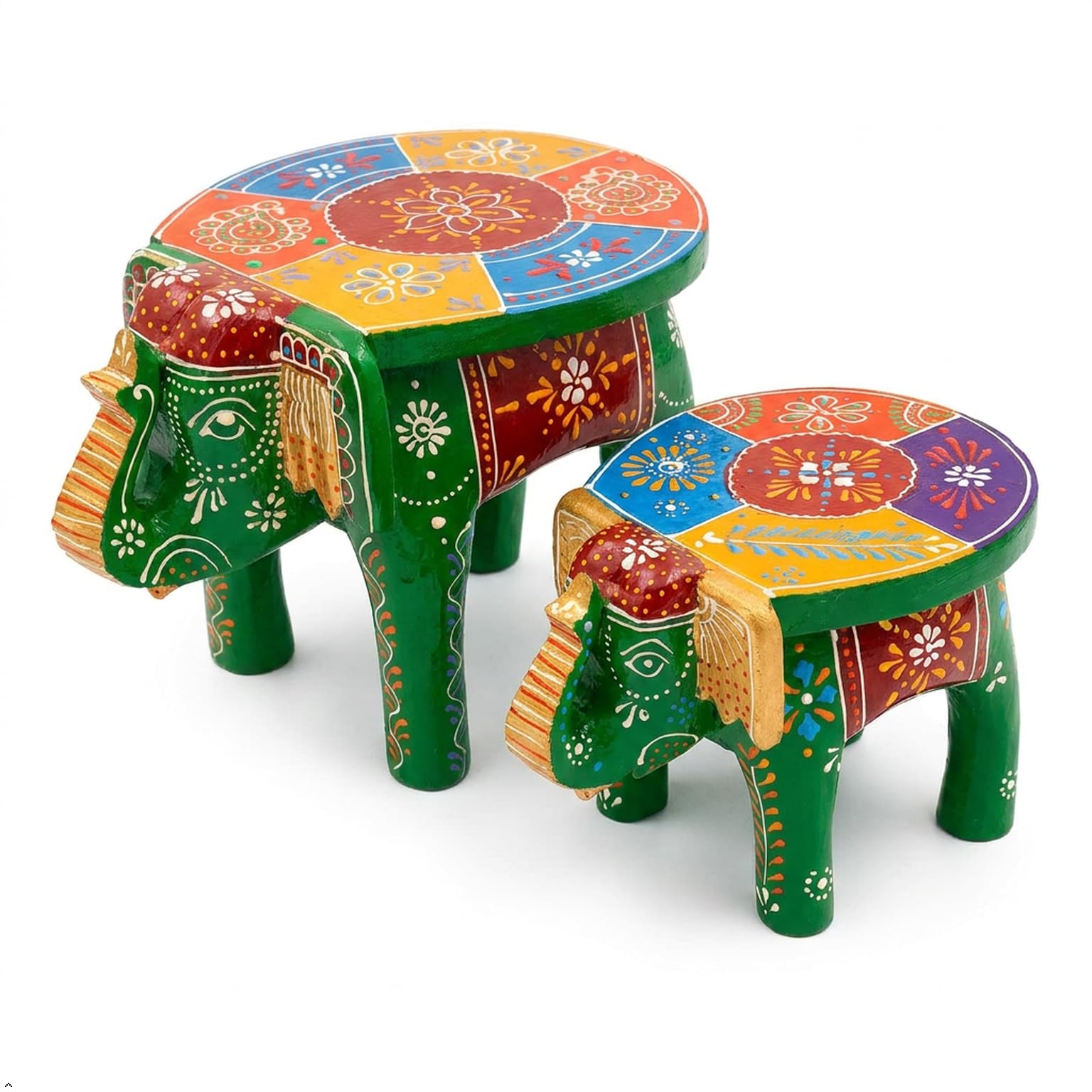 Handpainted Wooden Elephant Stool Set of 2, Multicolour | Indian Folk Art, Nested Table Set, Hand Painted, Decorative Figurine, Rajasthani Style-image-32