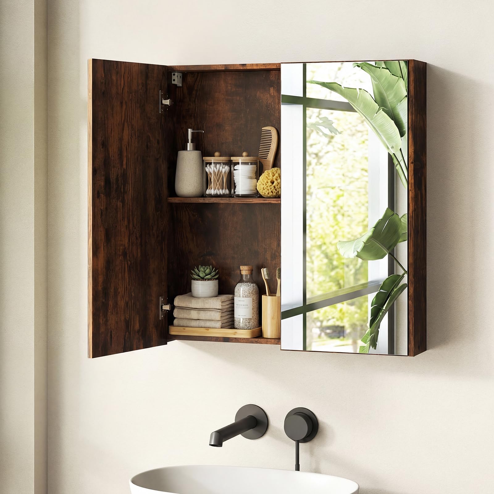 COSTWAY Spiegelschrank Bad, Badezimmerschrank mit 2 Spiegeltüren & Ablage, Badschrank, Hängeschrank, Wandschrank holz für Schmutzräume, Eingangsbereiche & Badzimmer, 62 x 11 x 65 cm (Rustikales Braun)