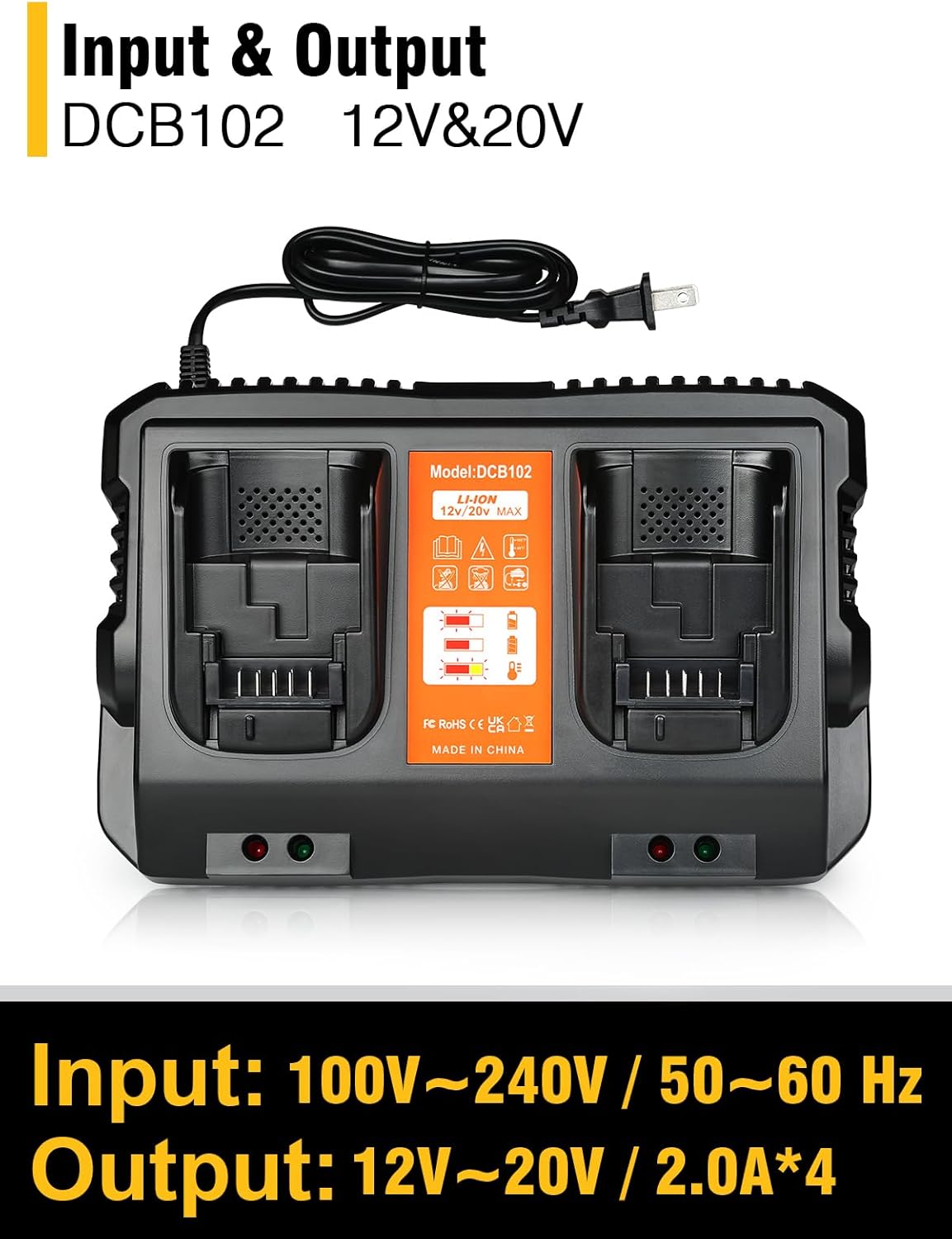 DCB102 20V MAX Battery Charger Replacement for Dewalt Battery Charger, 2 Port Charger Compatible with Dewalt 12V-20V Batteries - Image 2