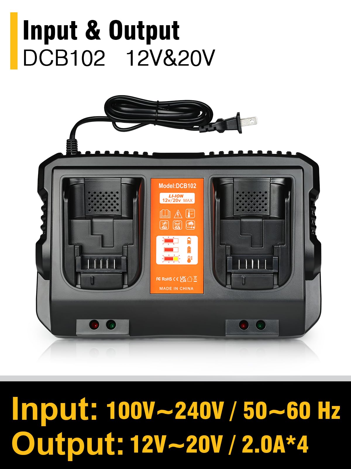 DCB102 Zamiennik dla stacji ładowarki akumulatorów Dewalt kompatybilna z ładowarką akumulatorową Dewalt 12 V/20 V, działa z akumulatorem Dewalt 20 V