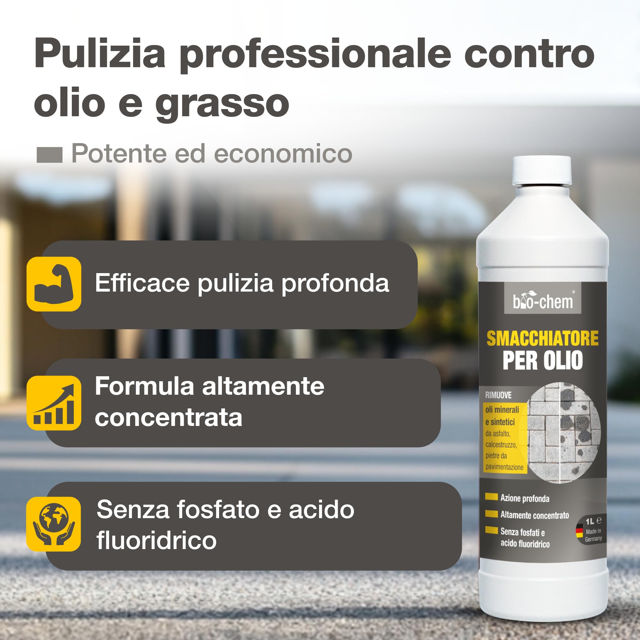 bio-chem - Smacchiatore per Macchie d'olio 2L - Smacchiatore concentrato biodegradabile - Pulizia per pavimentazioni in Pietra, Asfalto - Detergente per Auto, Garage e terrazzi