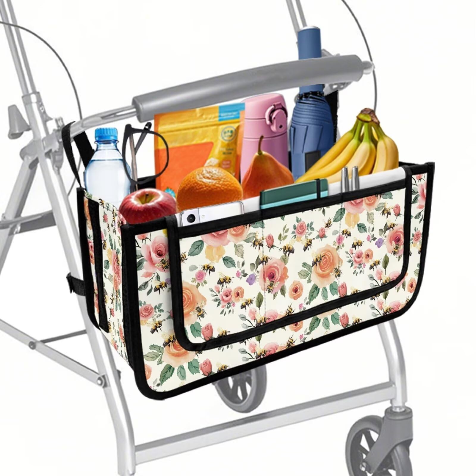 Uorisanigo Walker Basket for Folding Walker Floral Pattern Foldable Rolling Walker Pouch Tote Big Capacity Basket for Walker for Elderly