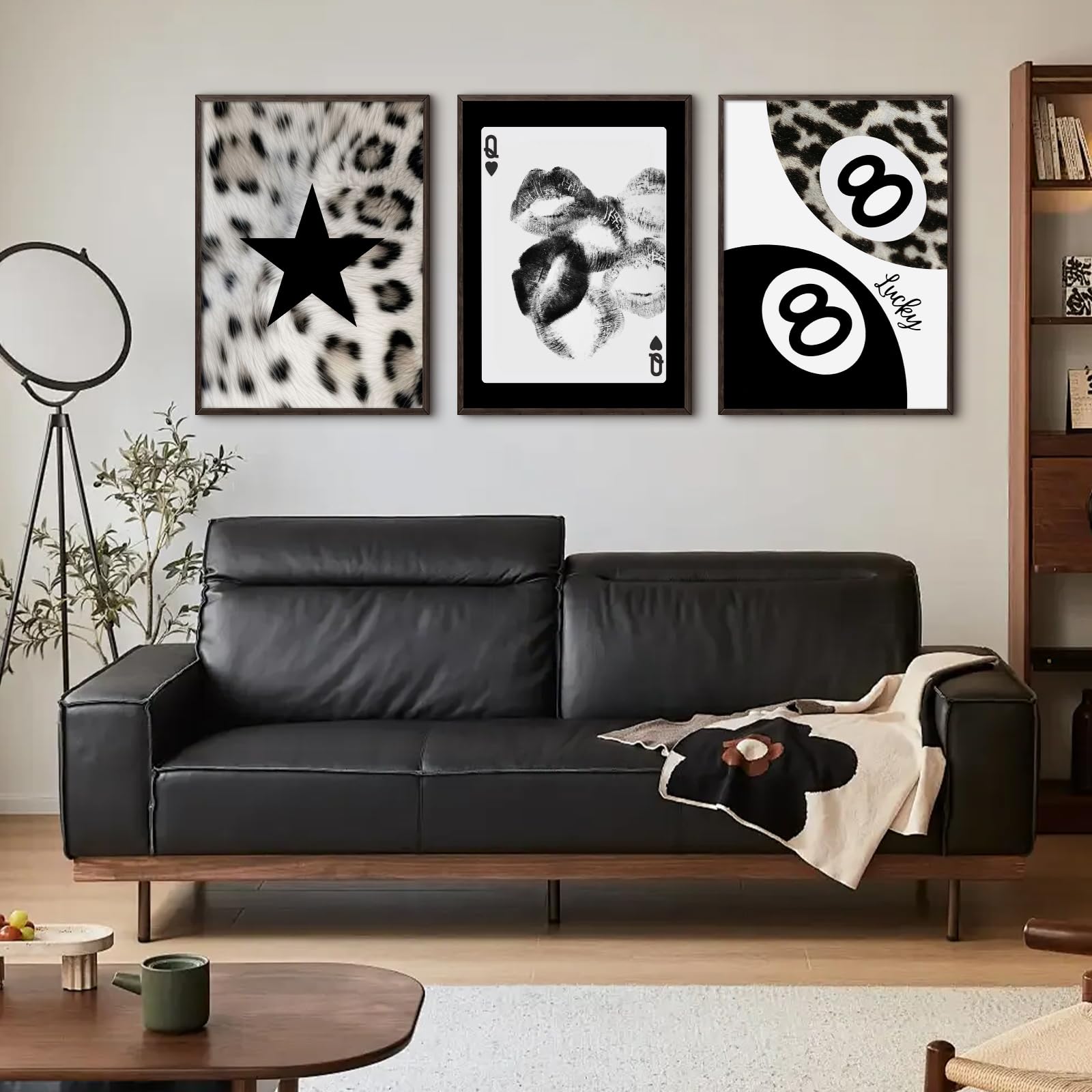 Set di 3 poster da parete senza cornice, motivo leopardo bianco e nero, alla moda, decorazione da parete, motivo ghepardo, 8 palline, stampe fortunate, eleganti carte da gioco per camera da letto