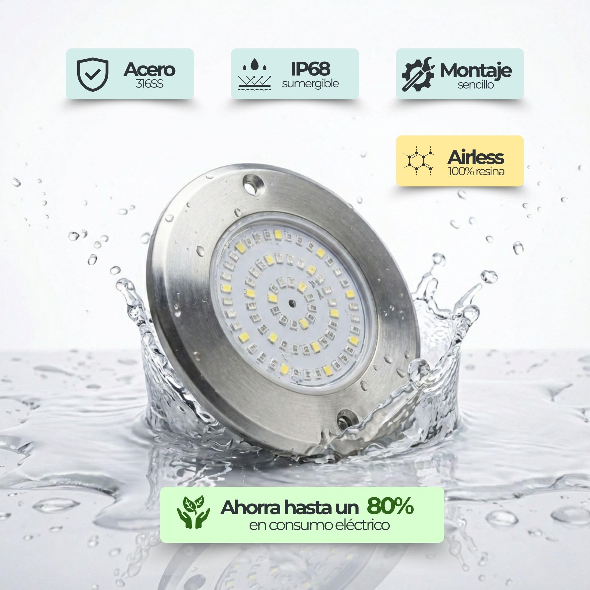 SWIMHOME Warmpool Foco LED Mini Piscina Extraplano, Relleno de Resina, Acero Inoxidable, RGB, Ø11 cm, 6W 12V AC