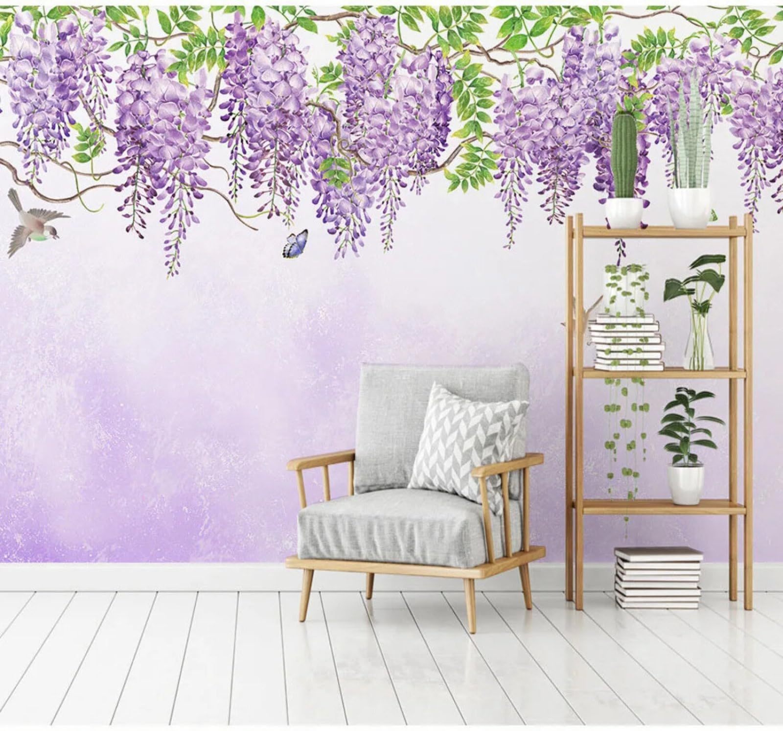 Wallpaper-3D-Xlm 250Cm×170Cm(B×H) Hand Drawn Beautiful Purple Vine And Butterfly 3D Wallpaper Easy Install Feature Office Living Room Sofa Bedroom Tv Background Wall Decoration-250Cm×170Cm