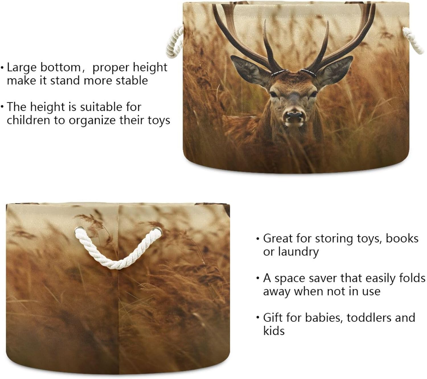 Antler Deer Extra Large Storage Basket Decorative Laundry Basket with Handles, Rope Basket for Clothes, Blanket, Towel, 20 x 14 Inch