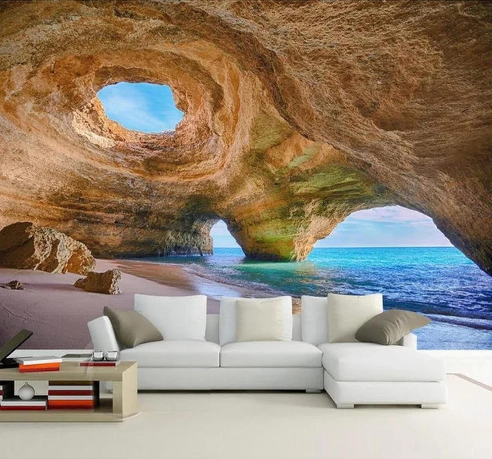Tzxztt Beach Rock Cave Sea Art Natural Landscape Modern 3D Wallpaper Premium Textured Silk Neutral Tones Material Ideal for Living Room Bedroom-300cm×210cm
