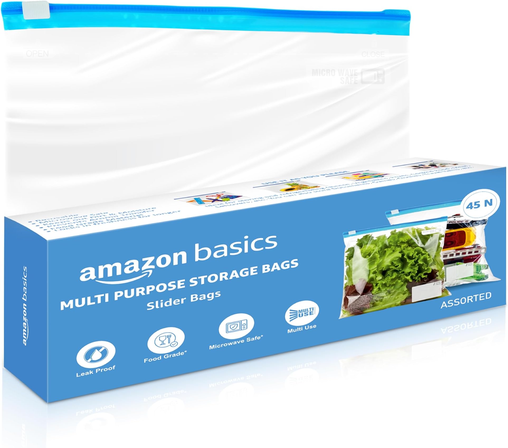 - Multipurpose Slider Storage Bags | 45 Bags | Assorted Sizes, 15 Each - S, M, L | Reusable and Reclosable | Material Plastic | Leak- Proof | Food Grade | Microwave Safe