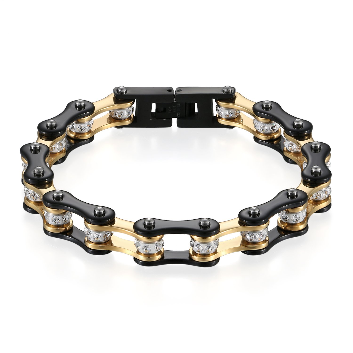 JewelryWe Schmuck Herren Armband, Top-Qualität Fahrradkette Motorradkette Hochglanz Poliert Armkette, Edelstahl Strass, 3 Farben