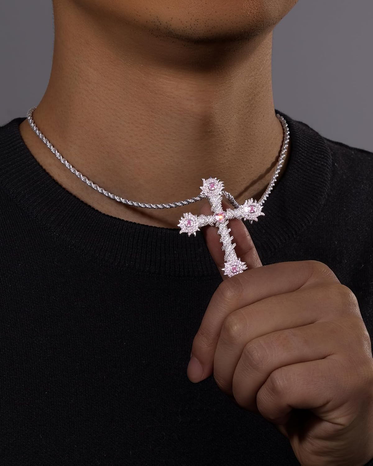 Lulu Mel Iced Out White Gold Plated Cubic Zirconia Stone Cross Necklace With Rope Chain, Trendy Hip Hop Cross Chain Jesus Necklace For Men Women - Image 2