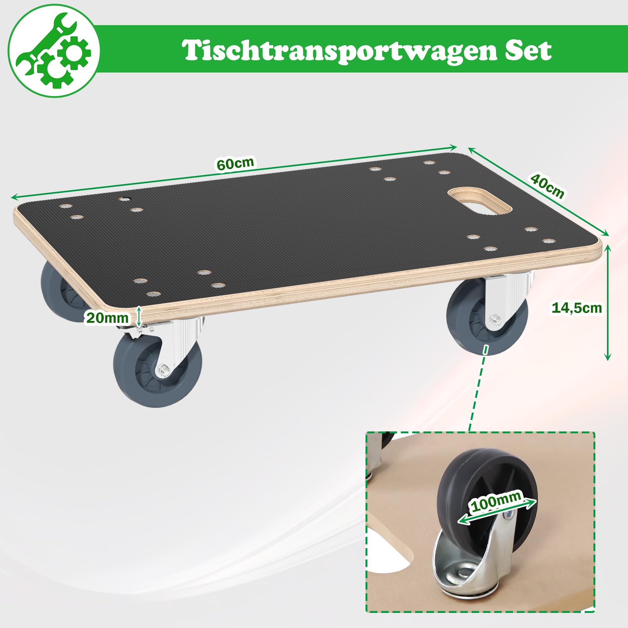 SUBTLETY Carrito de transporte con 4 ruedas, 60 x 40 x 14,5 cm, con 2 frenos de estacionamiento, hasta 200 kg, para muebles y plantas (1 unidad)