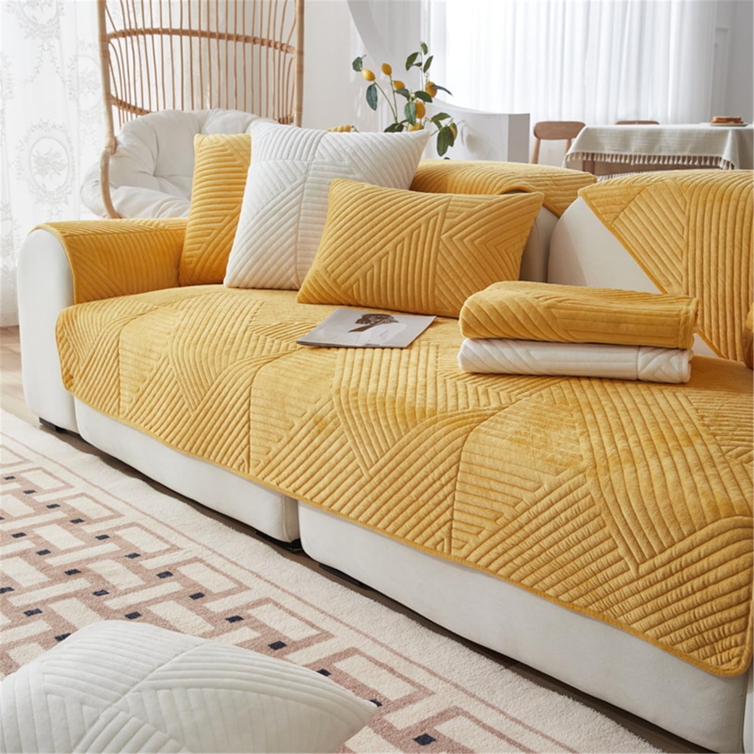 LINGKY Soft Velvet Sofa Covers Washable - Sofa Cushion Covers, Non-Slip Sofa Cover 1 2 3 Seater Couch Covers for Sectional Sofa, Sofa Slipcovers L Shape Furniture Protector (Yellow,110x240cm) — image 1