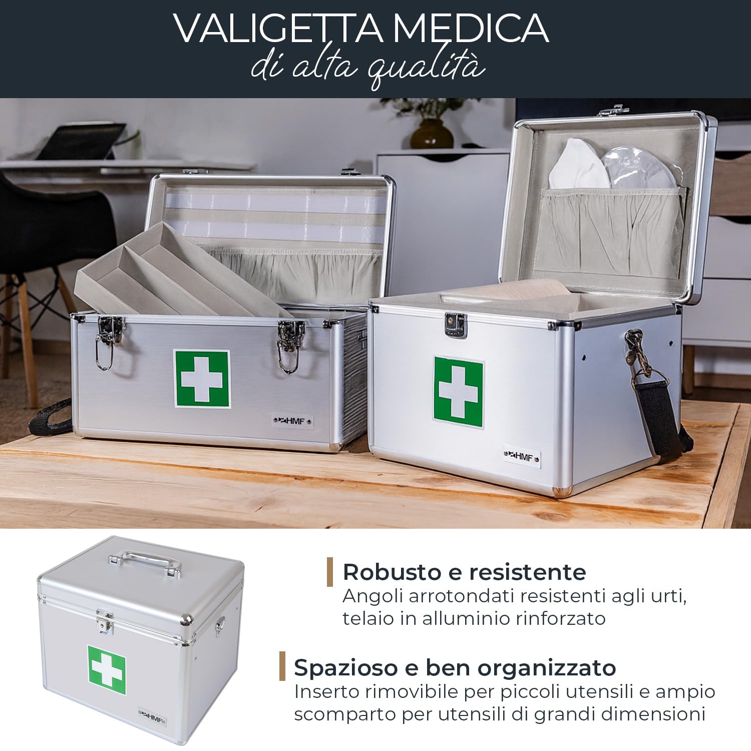 HMF 14702-09 - Valigetta di pronto soccorso in alluminio con maniglia, 30 x 25 x 25 cm