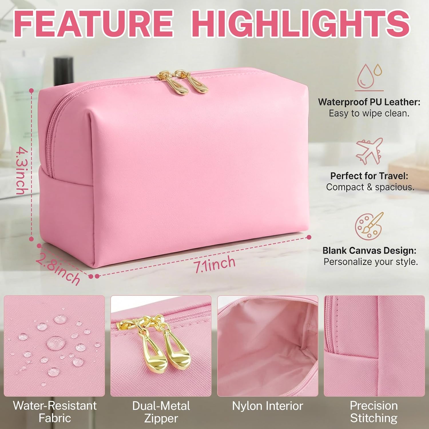 15 Pcs Pink Makeup Bag Bulk PU Cosmetic Pouches Preppy Waterproof Travel Toiletry Bags Aesthetic Storage Organizer Bags Party/Birthday Gift Favors for Teen Girls Women(Pink-Purple Series)