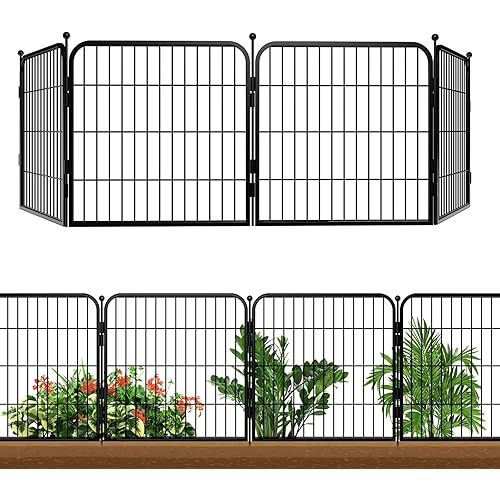 Garden Fence - 24in(H) × 8Ft(L), 4 Panels, Heavy Duty Iron Metal Animal Barrier Yard Fencing - No Dig Fences for Indoor & Outdoor Pet Dog, Stylish Versatile Garden Borders