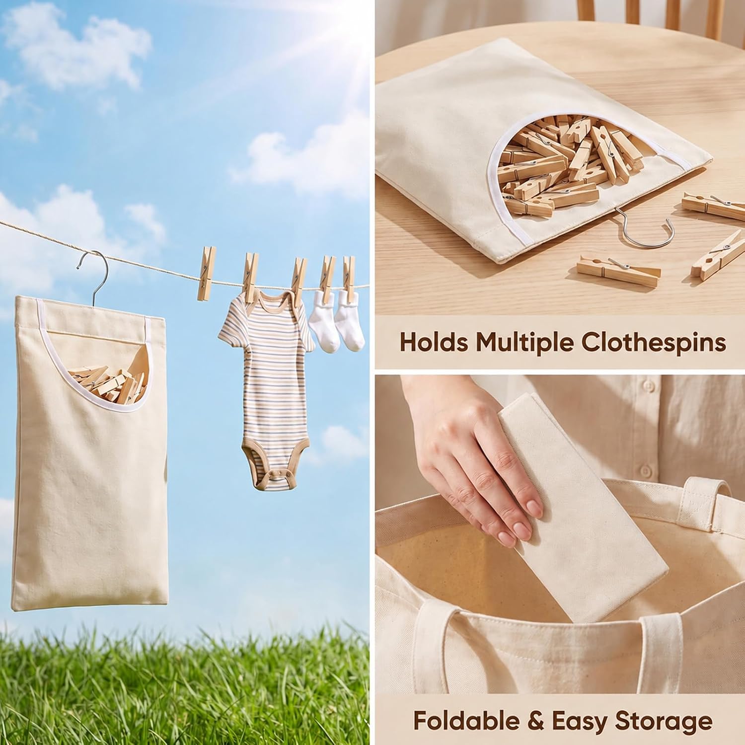 Laundry Clothespin Bag, 12 x 10 Inch Canvas Clothes Pin Hanging Bags