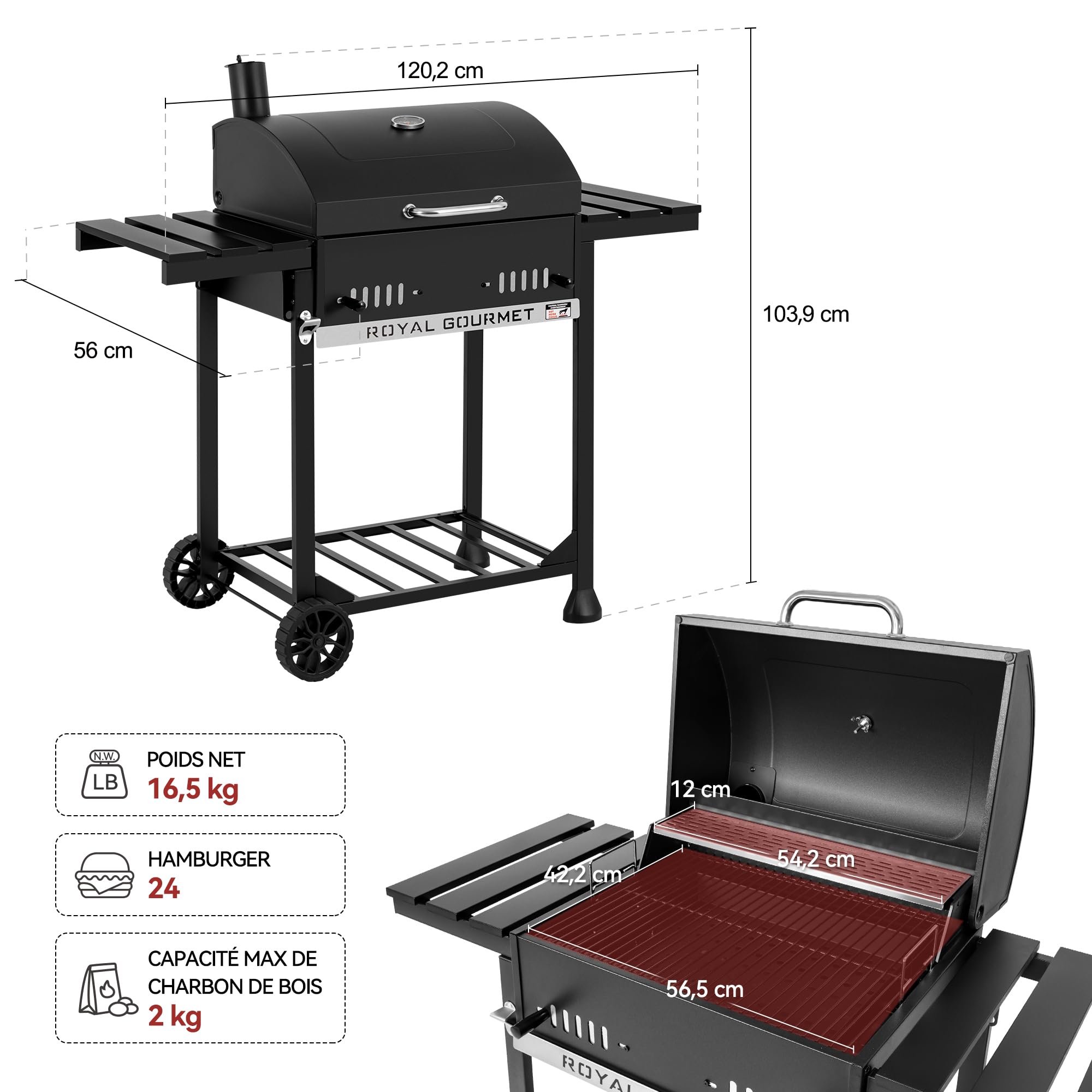 Royal Gourmet Barbecue à Charbon de Bois, Grill à Charbon sur Chariot avec Tablettes Pliables, Couvercle, Thermomètre, Surface Cuisson 56,5 x 42,2 cm pour Jardin, Camping, Noir