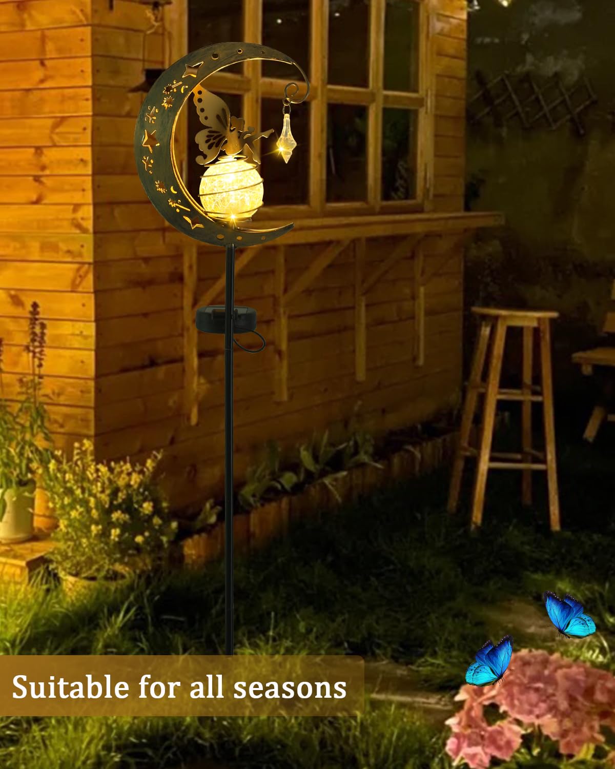 Moon Solar Lights Dekoracja tarasu ogrodowego,Elf/Flower Fairy Wodoodporna lampa słoneczna,Metalowe figurki ogrodu Dekoracja ogrodu,Zewnętrzna lampa słoneczna na zewnątrz,Na taras Balkon Pile Path